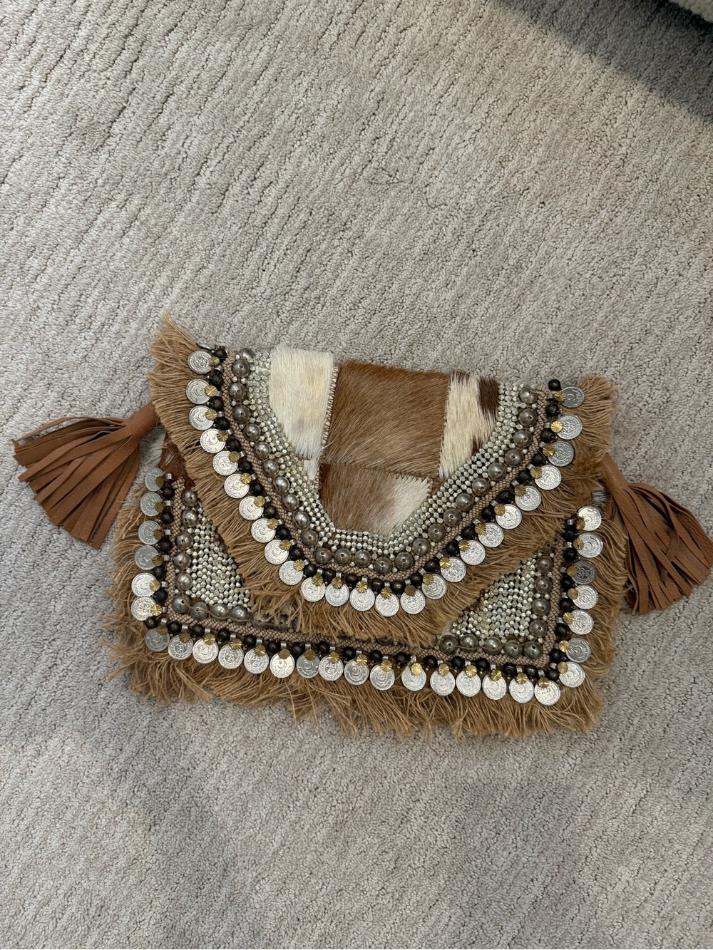 Anthropologie Fringe Coin Embellished Calf Hair Patchwork Clutch